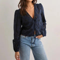 Women Tie Front Blouse Top Long Sleeve
