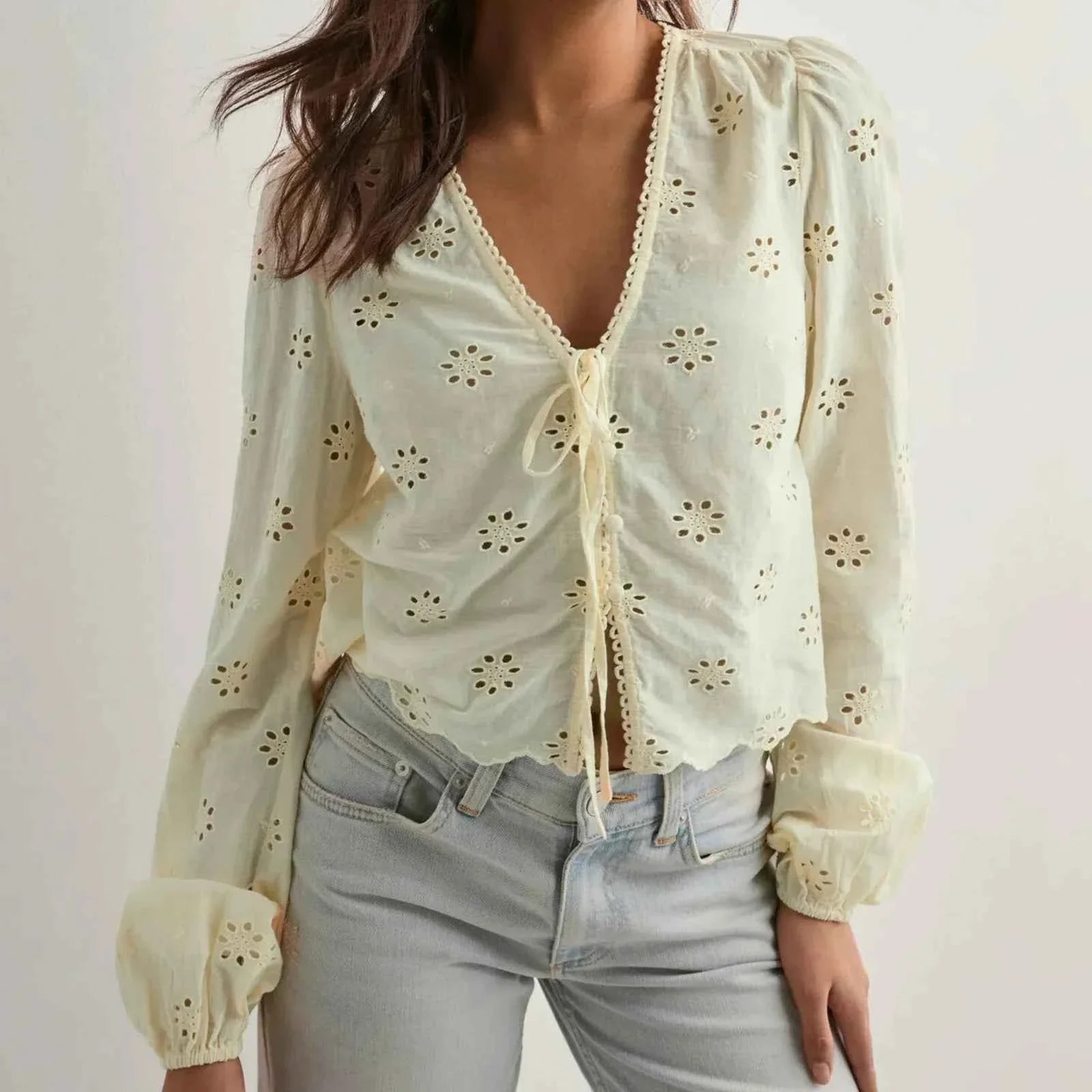 Women Tie Front Blouse Top Long Sleeve