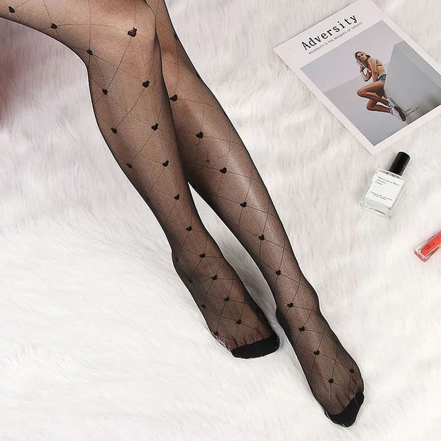 Women Tights Classic Small Polka Dot Silk Stockings Thin Vintage Faux Tattoo Thigh - black Grid love / One Size