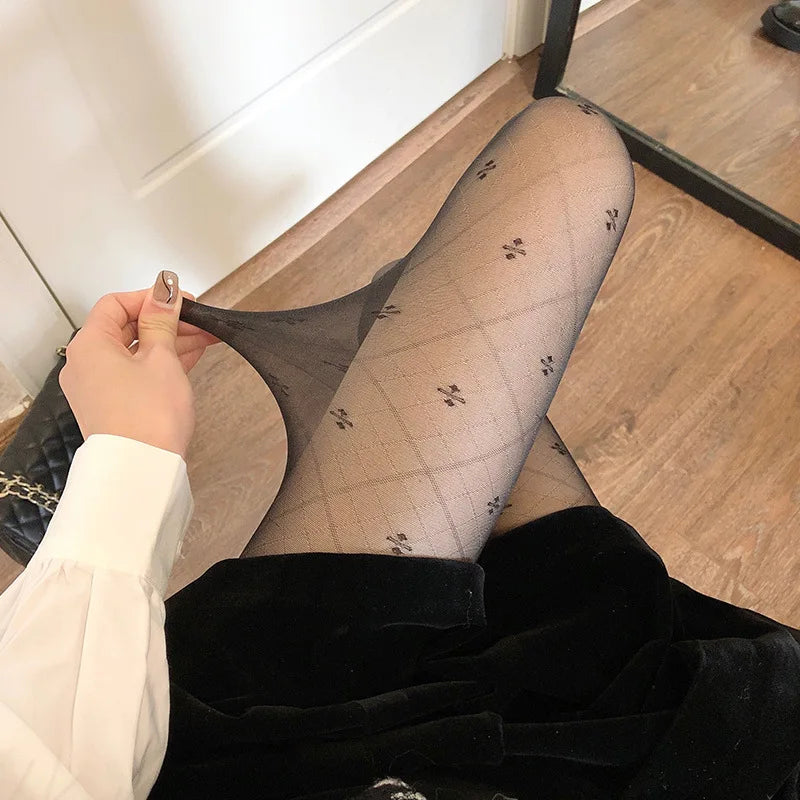 Women Tights Classic Small Polka Dot Silk Stockings Thin Vintage Faux Tattoo Thigh - black Clover / One Size