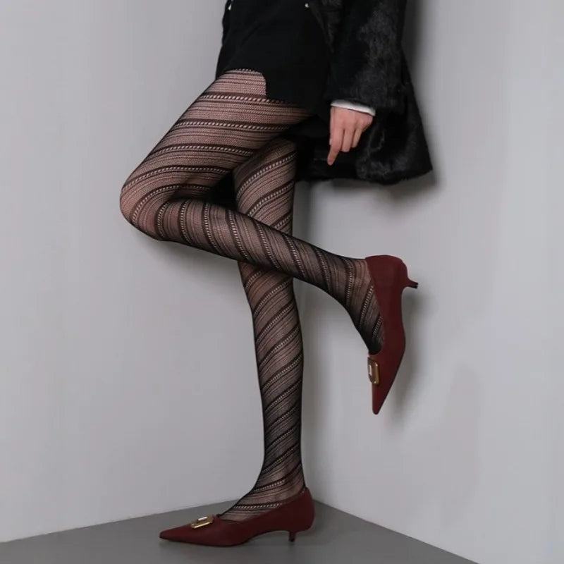 Women Twilled Stripe Fishnet Tights