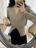 Women V-neck Long Sleeve Casual Knitted Cardigan - Photo Color / One Size