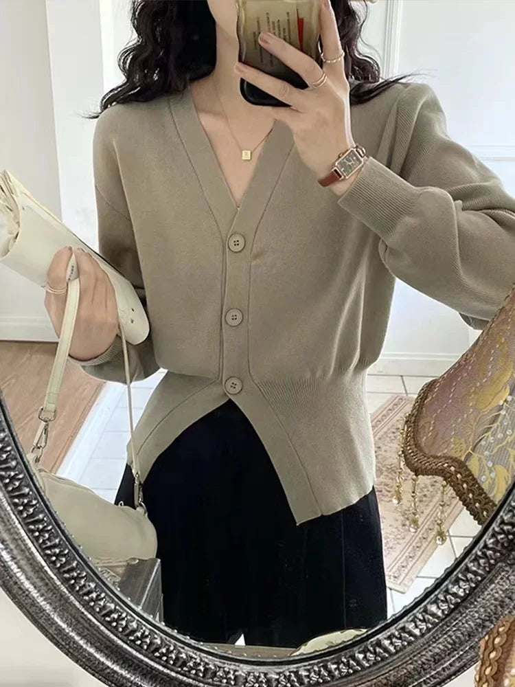 Women V-neck Long Sleeve Casual Knitted Cardigan - Photo Color / One Size