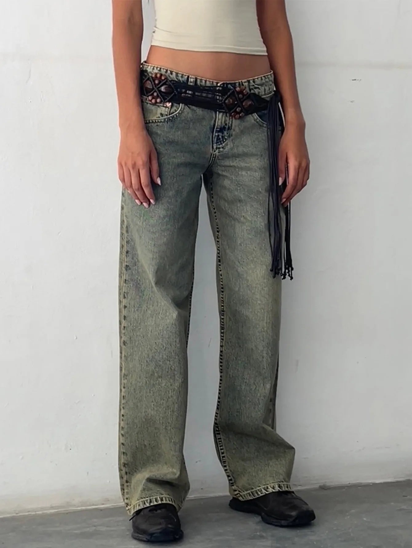 Women Vintage Aesthetic Low Rise Baggy Jeans - Sand wash blue / XS