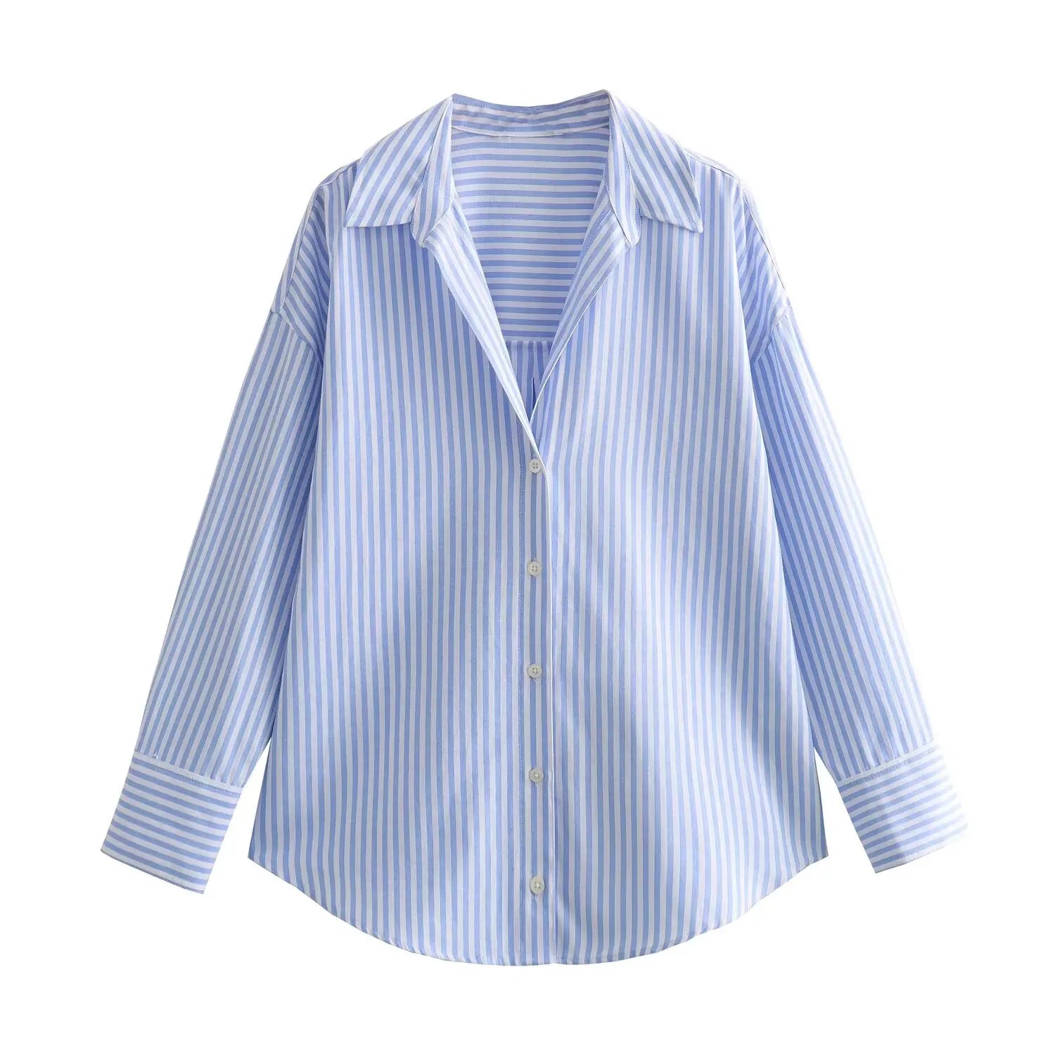 Women White Thick Oxford Shirt Long Sleeve - blue striped / XS
