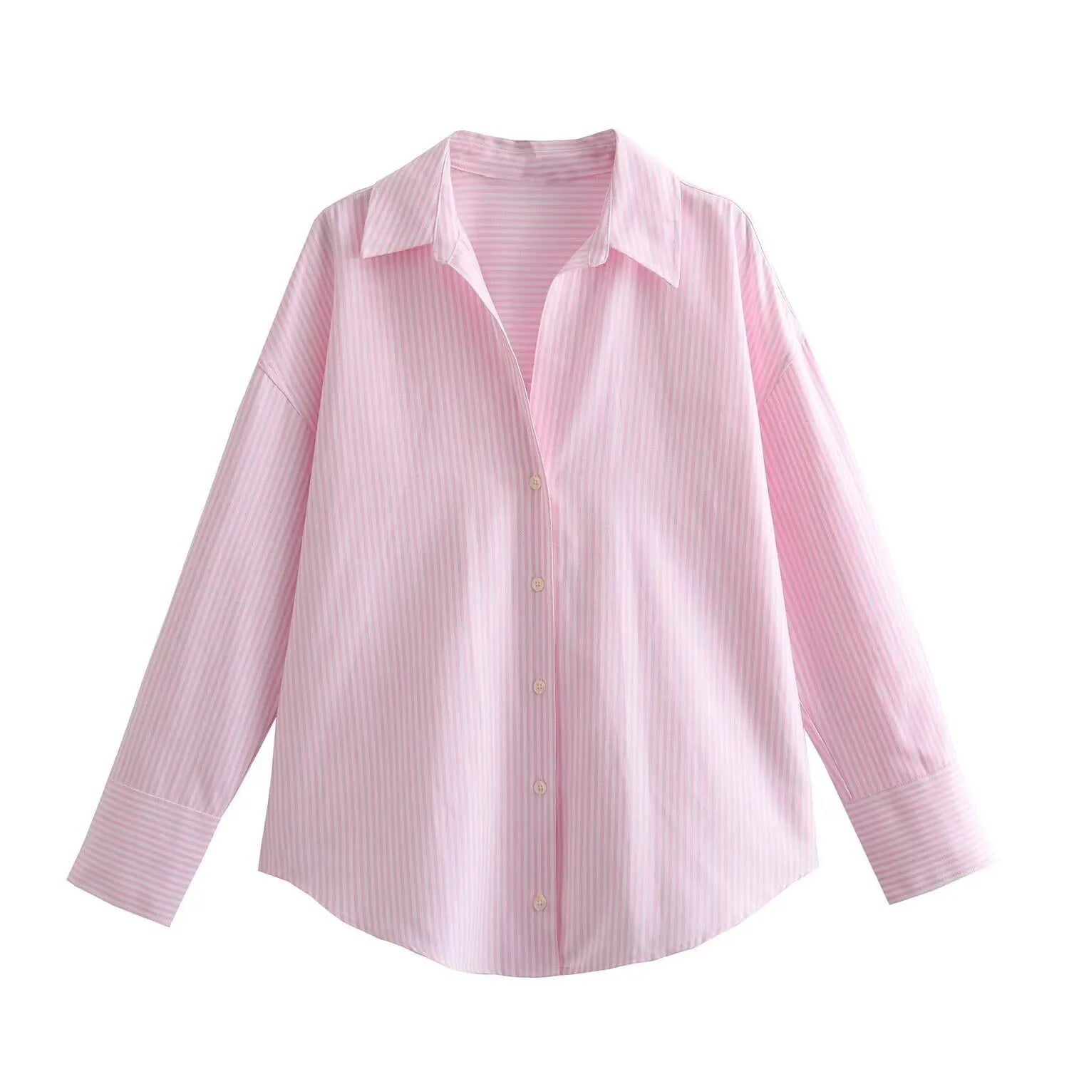 Women White Thick Oxford Shirt Long Sleeve - pink striped / S