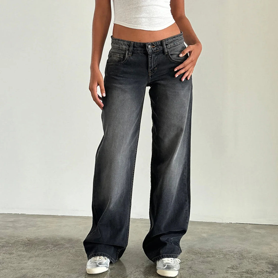 Women Wide Leg Jeans Casual High Waist Baggy Boyfriend Denim - B / L