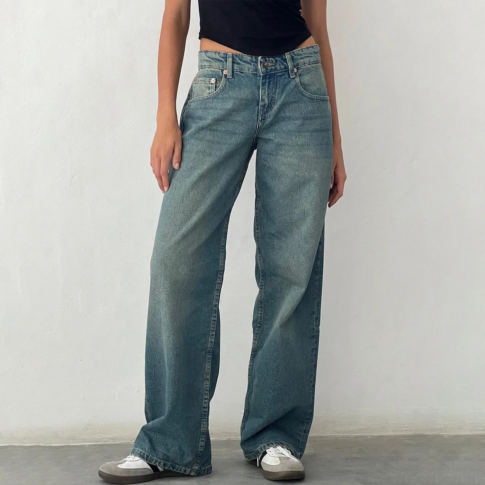 Women Wide Leg Jeans Casual High Waist Baggy Boyfriend Denim - C / L