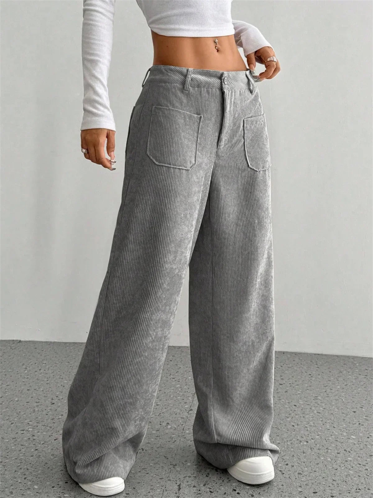 Women Wide Leg Trousers - GRAY / XXL