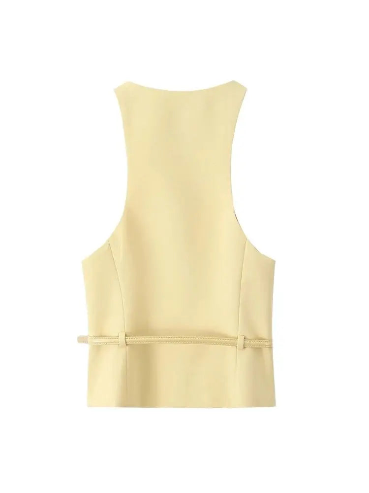 Women With Belt Front Button Tank Tops And High Waist Side Zipper Midi Skirt