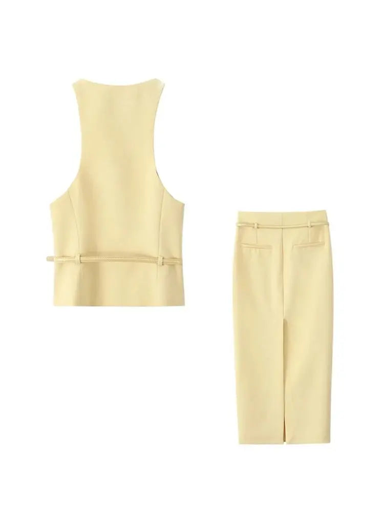 Women With Belt Front Button Tank Tops And High Waist Side Zipper Midi Skirt