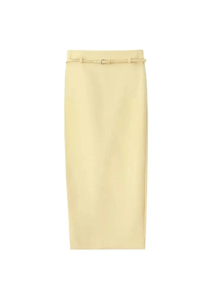 Women With Belt Front Button Tank Tops And High Waist Side Zipper Midi Skirt