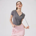 Women Yoga Half Sleeve Cool Feeling Solid Color Hoodie T-shirt - gray / XL