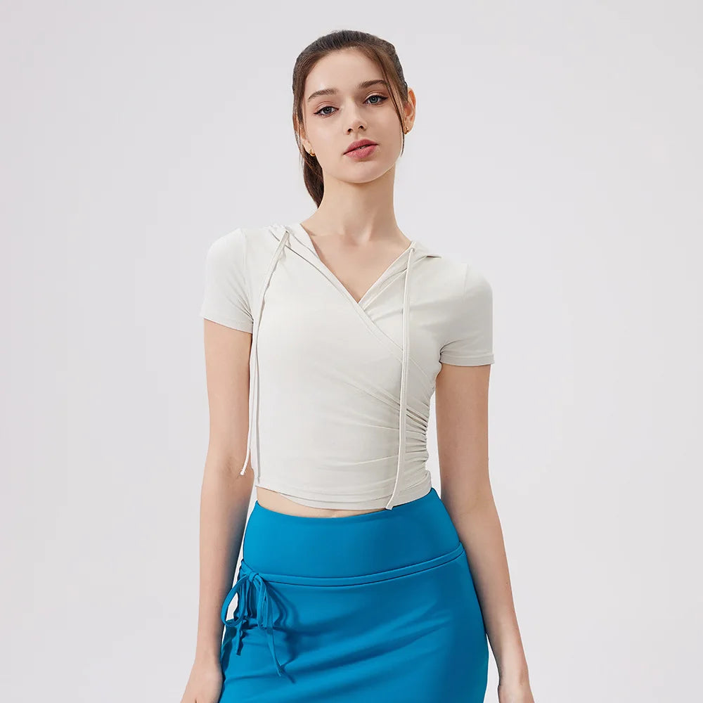 Women Yoga Half Sleeve Cool Feeling Solid Color Hoodie T-shirt - white / S