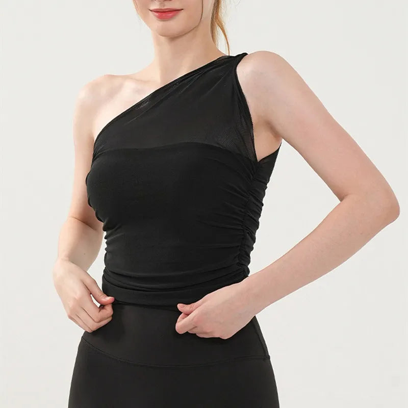 Women Yoga Mesh Single Shoulder Straps With Chest Pad Tank Top