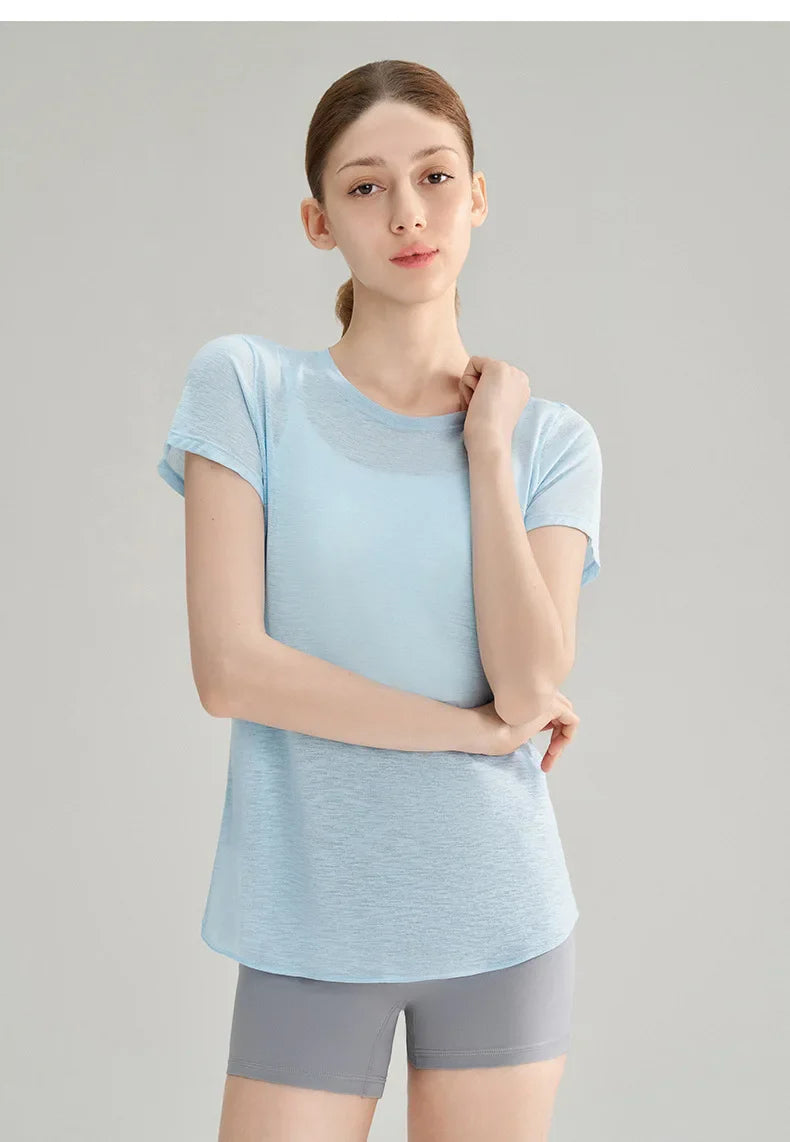 Women Yoga Short Sleeve Light Thin Back Hollow Out Breathable Loose Blouse