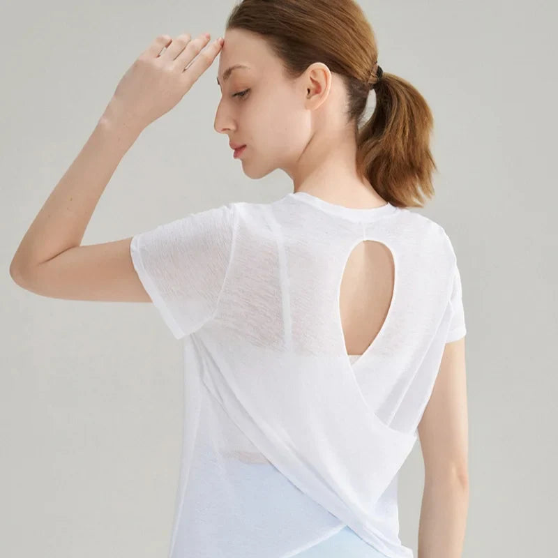 Women Yoga Short Sleeve Light Thin Back Hollow Out Breathable Loose Blouse