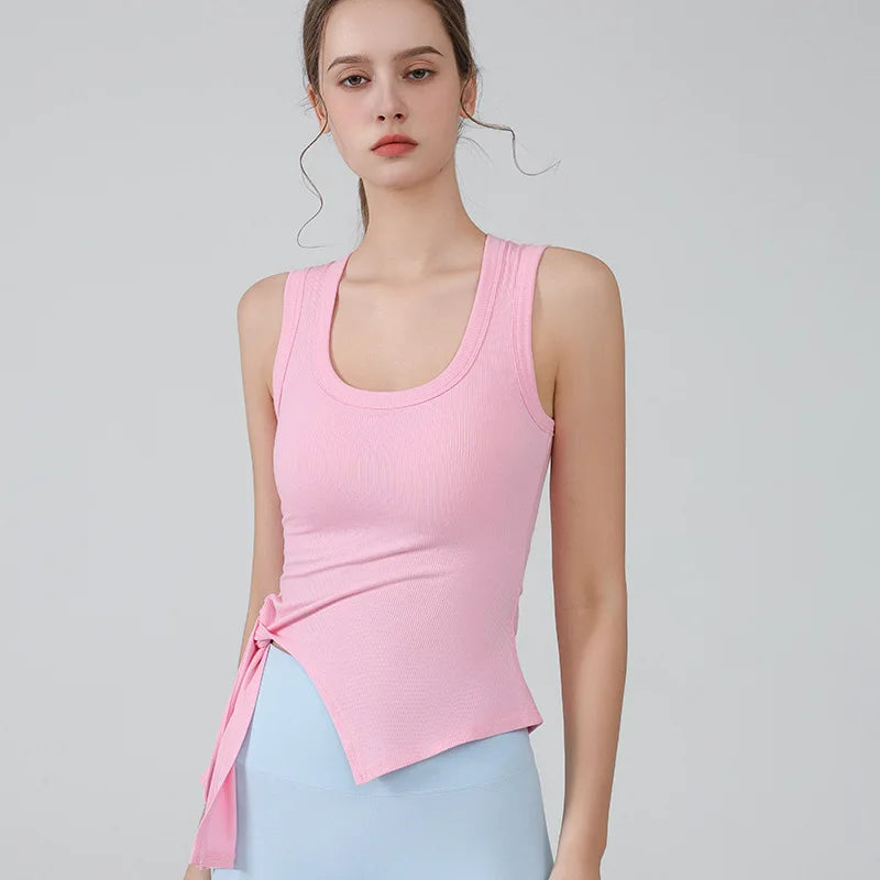 Women Yoga Solid Color Side Slit Bandage Tank Top - pink / M