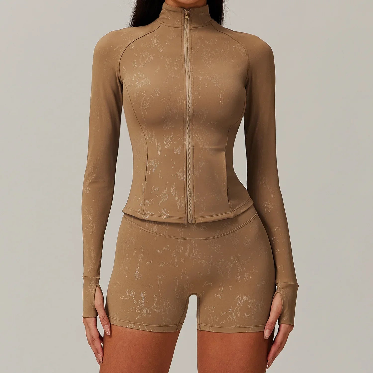 Women yoga zipper jacket with thumbholes and matching biker shorts set