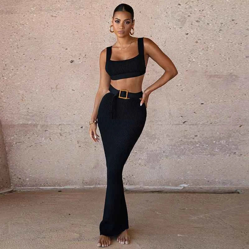 Women's 2 Piece Dress Sets Knit Ribbed Long Skirt Suit and Tank Top