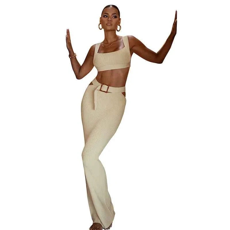 Women's 2 Piece Dress Sets Knit Ribbed Long Skirt Suit and Tank Top