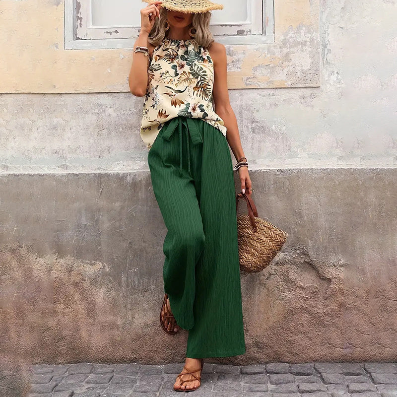 Women’s 2 Piece Outfits Casual Sleeveless Halter Neck Crop Tops Wide Leg Pants Set - electronic accessories