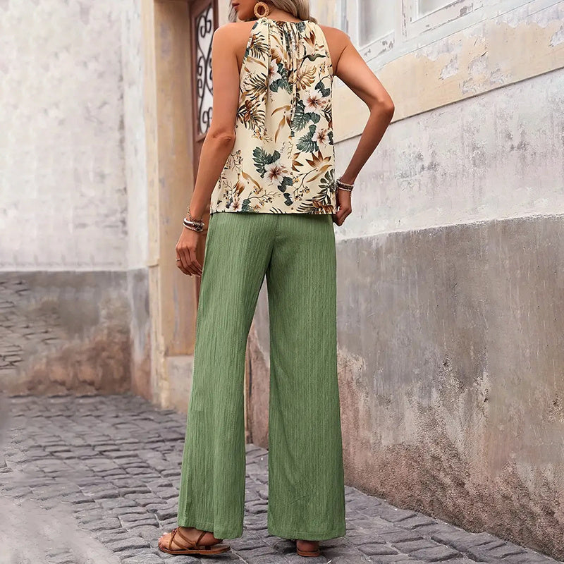 Women’s 2 Piece Outfits Casual Sleeveless Halter Neck Crop Tops Wide Leg Pants Set - electronic accessories
