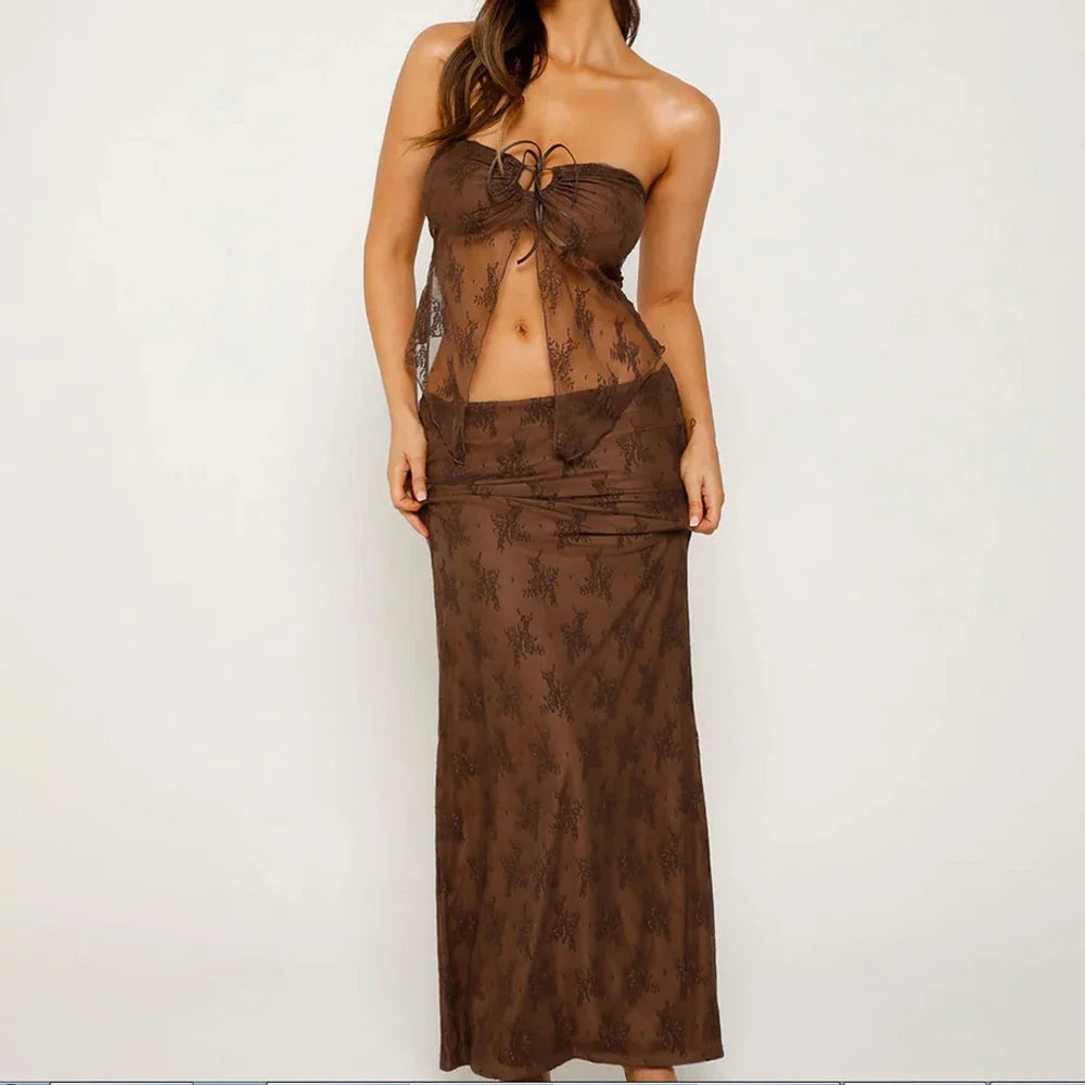 Womens 2Pcs Strapless Lace Split Tube Tops +Low Waist Long Pencil Skirt Dress Set - Brown Sets / S
