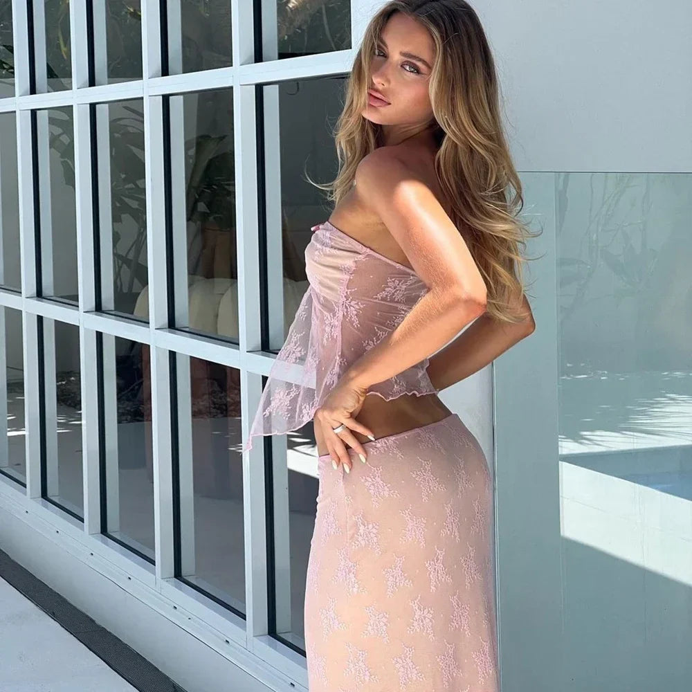 Womens 2Pcs Strapless Lace Split Tube Tops +Low Waist Long Pencil Skirt Dress Set