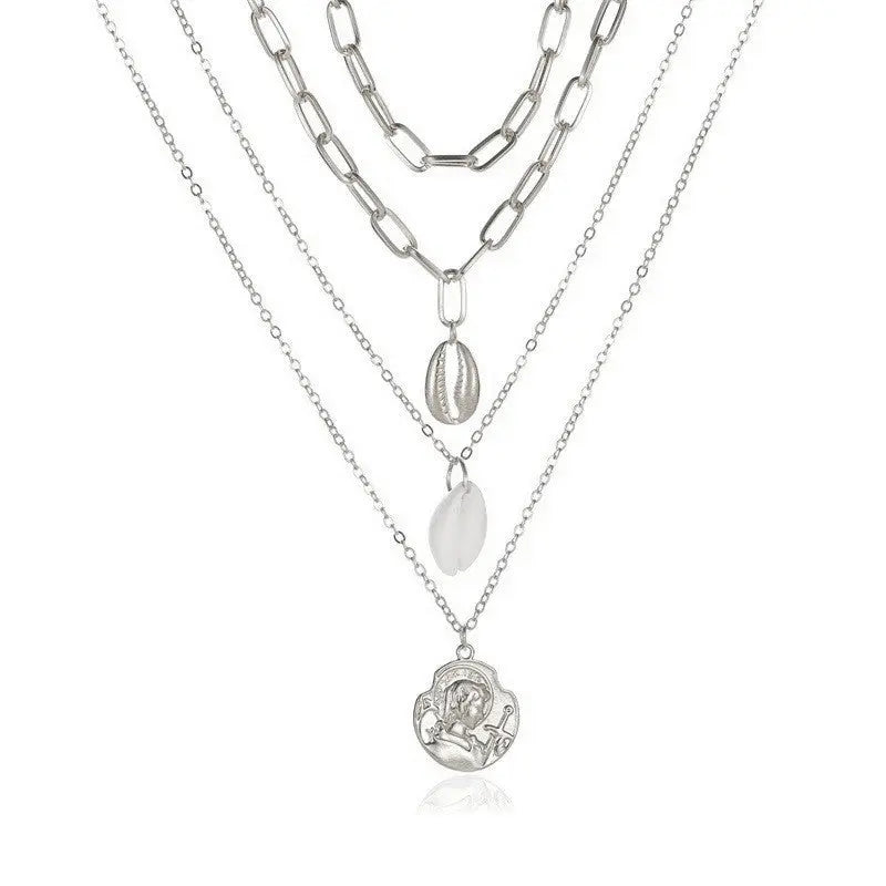 Women’s All-match Simple Shell Pendant Hollow Portrait Multi-layer Necklace - Silver - electronic accessories