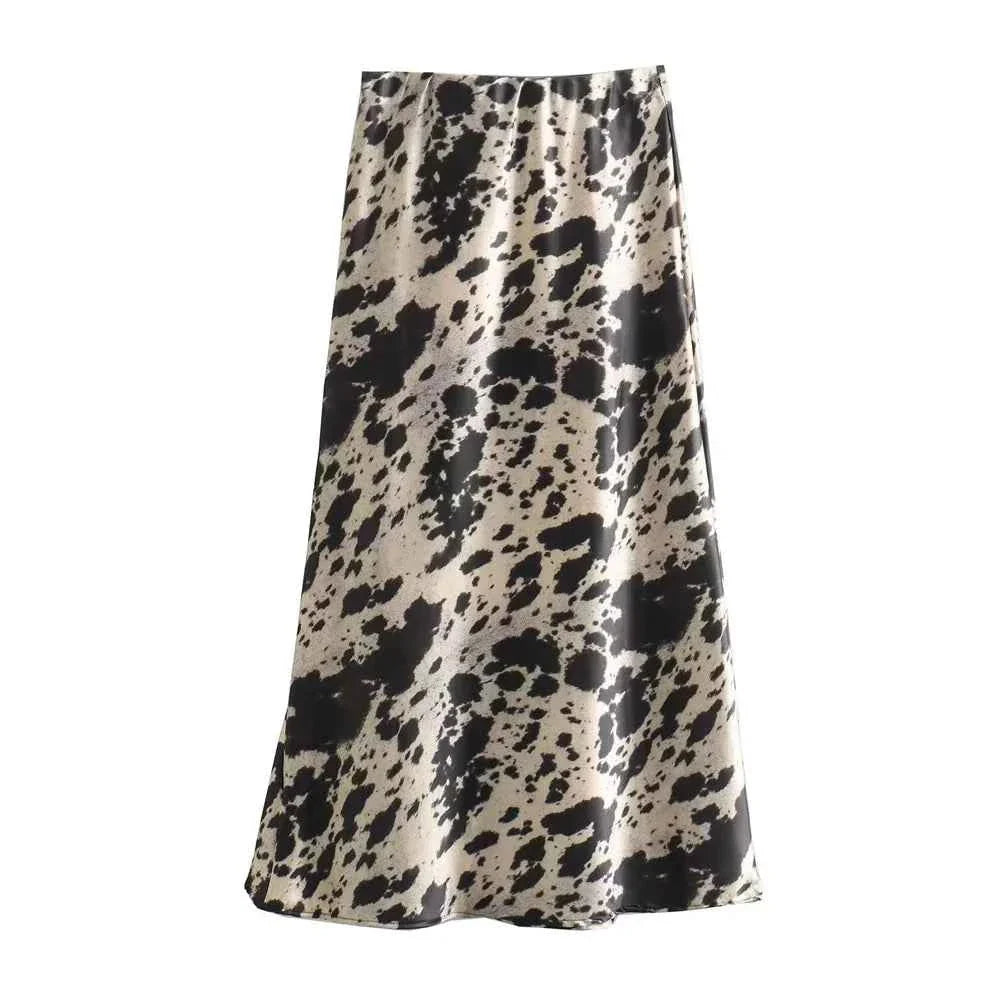 Women's Animal Pattern Printed Silk Satin Midi Skirt