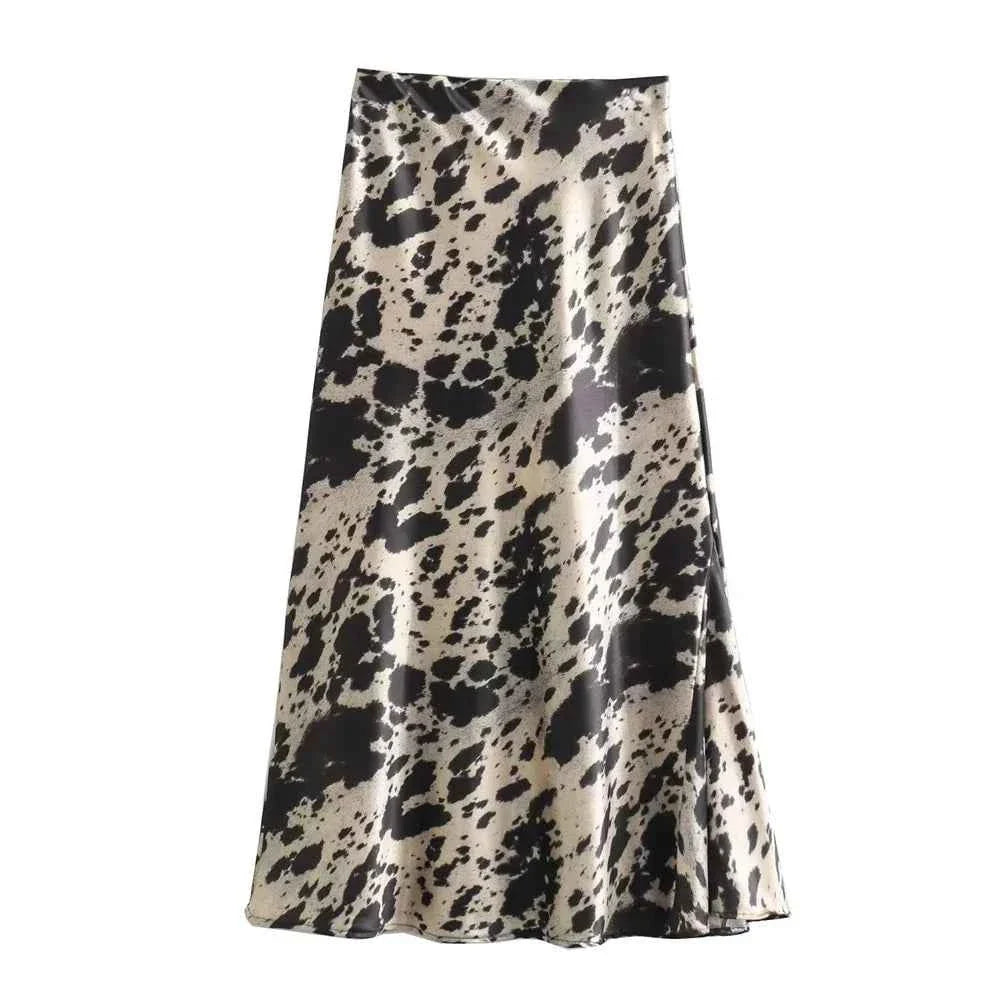 Women's Animal Pattern Printed Silk Satin Midi Skirt