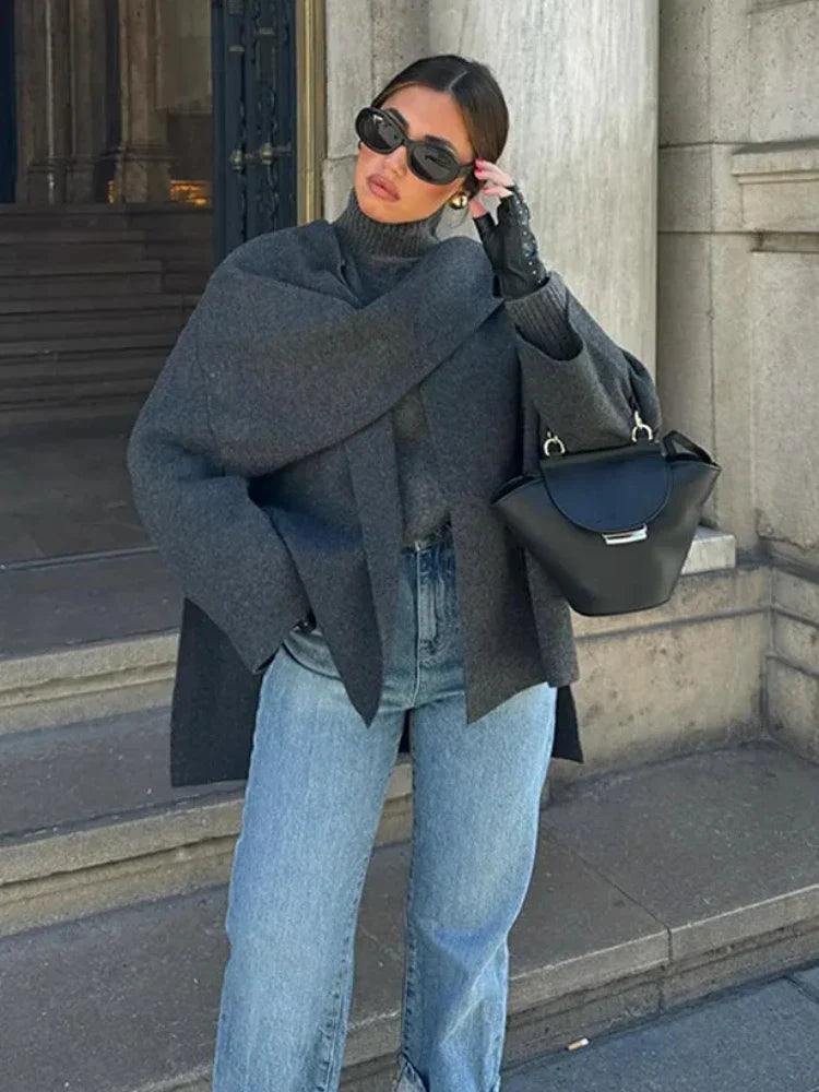 Women’s Asymmetric Scarf Knitted Jacket O-neck Single Button Side - Other