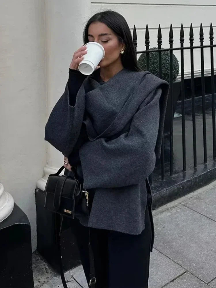 Women’s Asymmetric Scarf Knitted Jacket O-neck Single Button Side - Other