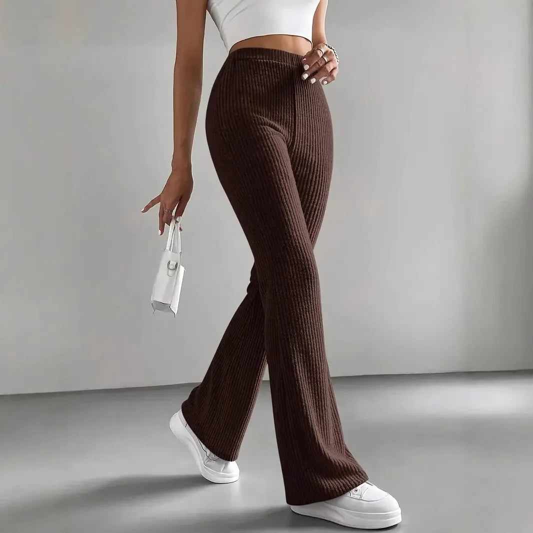 Women’s Autumn Solid Color Casual Rib Knit Slim Pants - brown / S