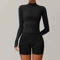 Black mock neck long-sleeve top and biker shorts yoga suit 2pcs for women