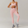 Light pink ribbed yoga suit 2pcs with sports bra and high-waisted leggings