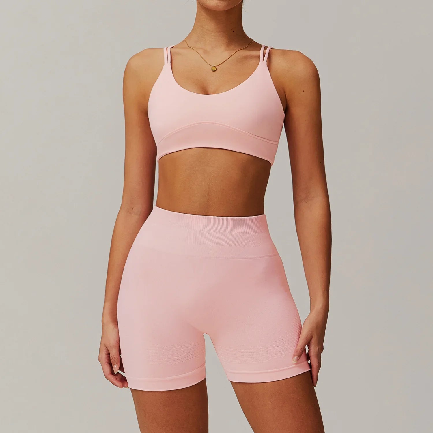 Light pink athletic bra and biker shorts set, ideal for yoga suit 2pcs and 2pcs sports set