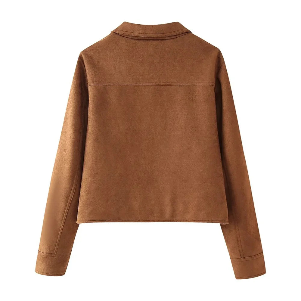 Women’s Button Decoration Suede Jacket Coat - brown / L