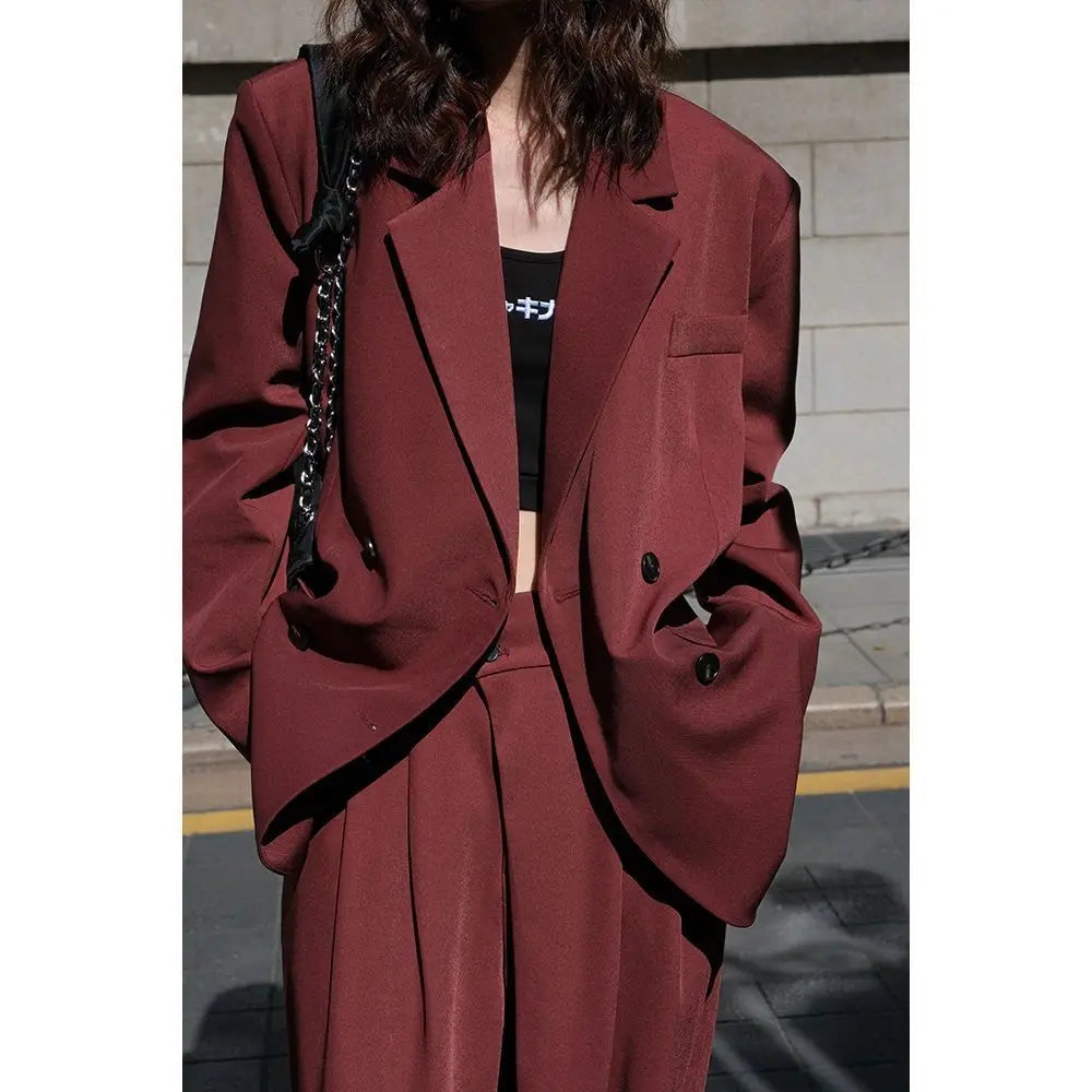 Women’s Button Pocket Fashion Solid Color Minimalist Casual Long Sleeve Blazers - Red / XS