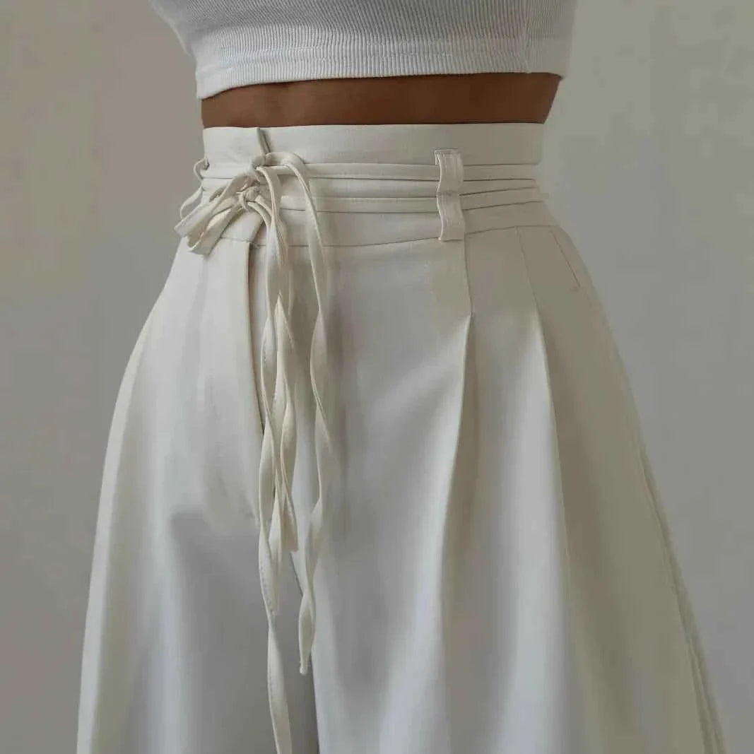 Women's Casual Design High Waisted Lace Up Slim Straight Leg Pants