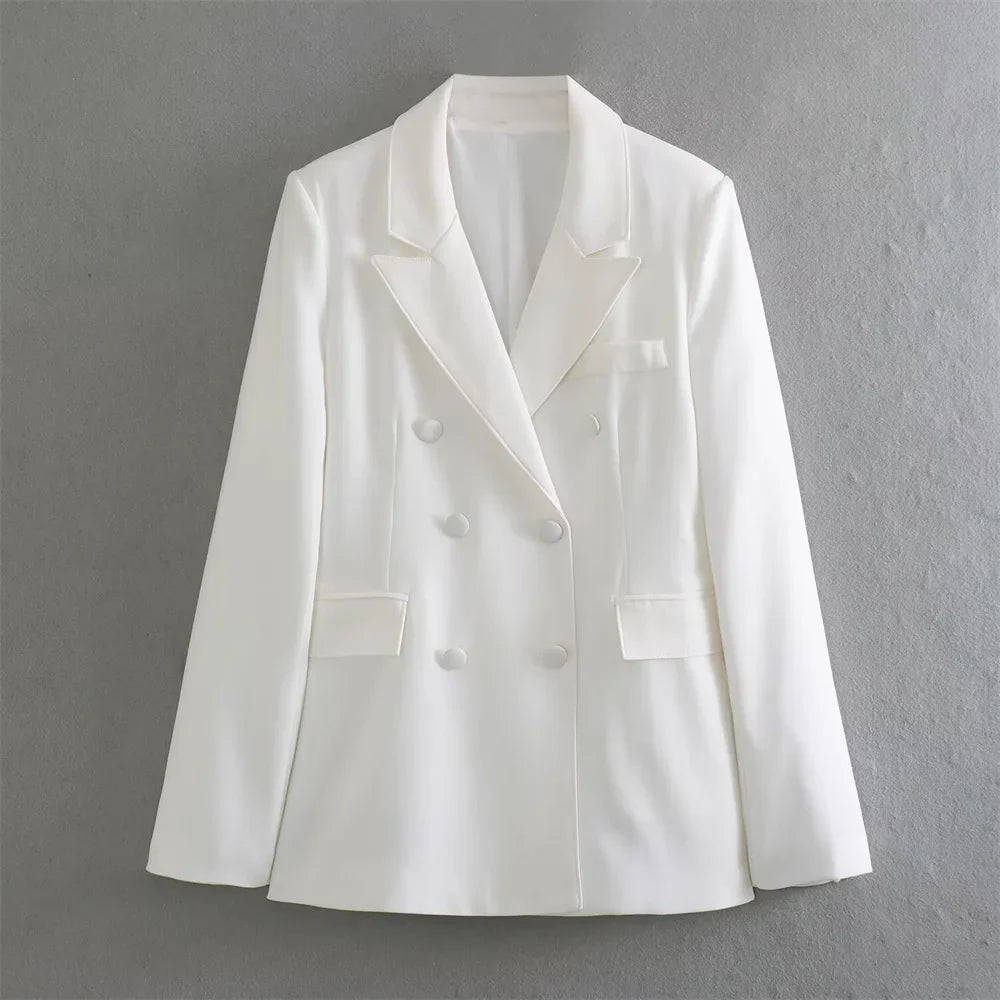 Women’s Casual Double breasted Slim Fit Suit Coat High Waist Mini Skirt - WHITE / L