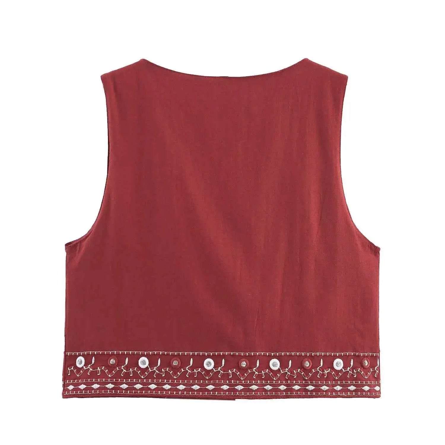 Women's Casual Embroidered Sleeveless V-neck Short Vest Top + High Waist Shorts