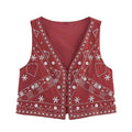 Women's Casual Embroidered Sleeveless V-neck Short Vest Top + High Waist Shorts