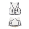 Women’s Casual Embroidered V-neck Vest With Wide-leg Shorts