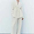 Women's Casual Retro Linen Blend Suit Jacket&Pants Set