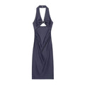 Women’s Casual Simple Slim Open Design Halter Neck Backless Midi V-neck Dress - Navy Blue / L