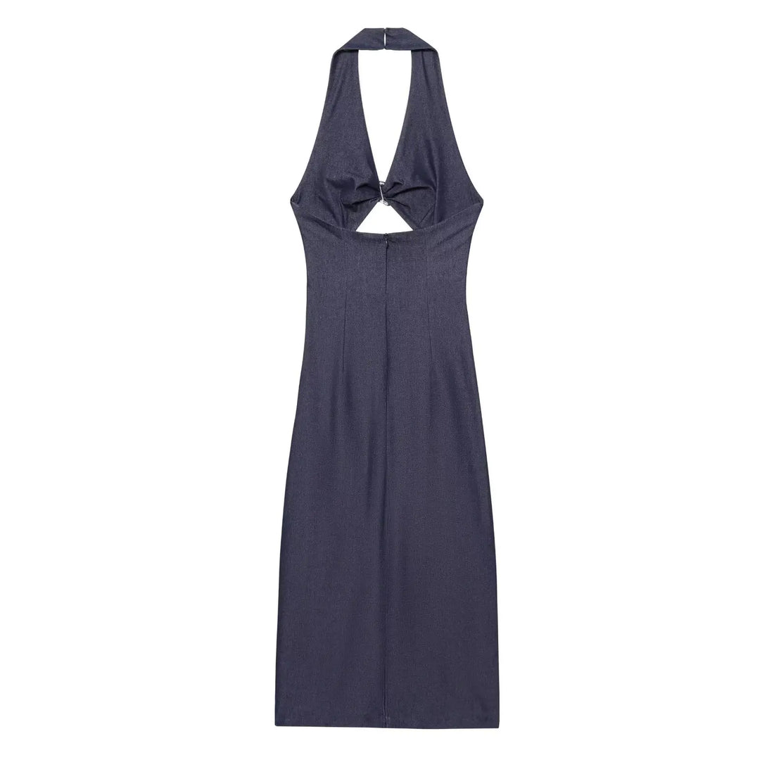 Women’s Casual Simple Slim Open Design Halter Neck Backless Midi V-neck Dress - Navy Blue / L