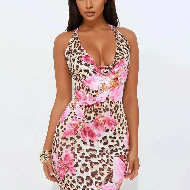 Women’s Clothing Dress Backless Print Leopard V-Neck - Pink / L