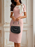 Women’s Clothing Round Neck Bowknot Contrasting-color Dress - Pink / L - electronic accessories